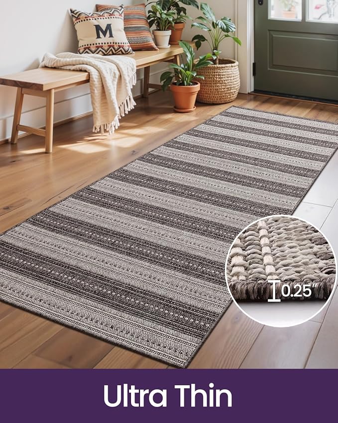 DEXI Hallway Runner Rug 3.3x8, Woven Braided Farmhouse Runner Carpet Indoor, Absorbent Thin Long Entryway Runners for Kitchen, Laundry Room, Patio Entrance, Striped Grey