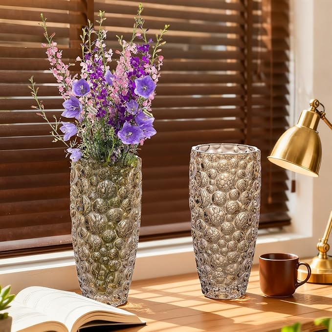 KAMMAK Glass Vase, Large Retro Flower Vase for Home Decor, Christmas or Birthday Gift for Mom, Women, Housewarming, Wedding Centerpiece, Table, Office Desk, Farmhouse, Bohemian Decor (Amber Polka Dot)