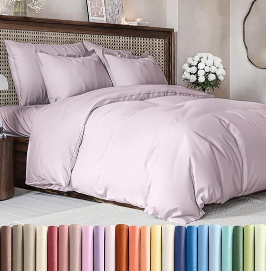 Duvet Cover Queen Size Set - Extra Soft Queen Size Duvet Cover 90 x 90 with 2 Pillow Shams - Hotel Luxury Easy Care and Fade Free w/Zipper Closures & Ties - Breathable Bedding Set (Light Lavender)