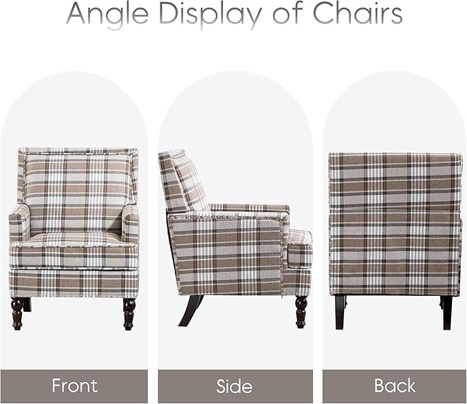 Yogald Vintage Plaid Accent Armchair, Comfy Upholstered Reading Chair with Nail-Head Trim, Farmhouse Sofa Chair, Coastal Single Corner Chair for Living Room Bedroom Guest Room (Coffee Linen)