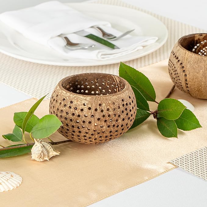 Restaurantware-Coco Casa 4 x 3.3 Inch Coconut Shell Candle Holders, 10 Reusable Tealight Holders - Candle Not Included, Dotted Pattern, Brown Coconut Bowls For Candles, Handcrafted,