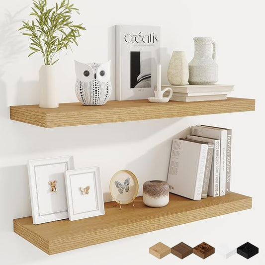 Fun Memories 9.3Inch Deep Floating Shelves for Wall, 32 Inch Rustic Wood Wall Mounted Shelves for Bathroom, Bedroom, Kitchen, Deep Floating Shelf for Storage & Home Decor (Oak, Set of 2)