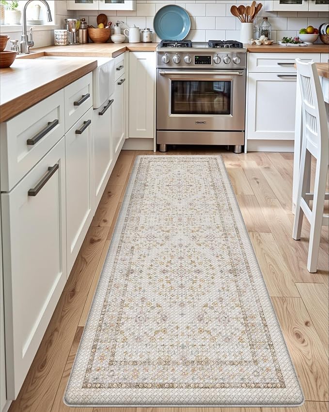 DEXI Kitchen Floor Mats Cushioned Anti Fatigue, 23x86 Long Wide Standing Comfort Runner Rug, Waterproof Retro Floral Memory Foam Padded for Front Sink Laundry, Beige/Ivory