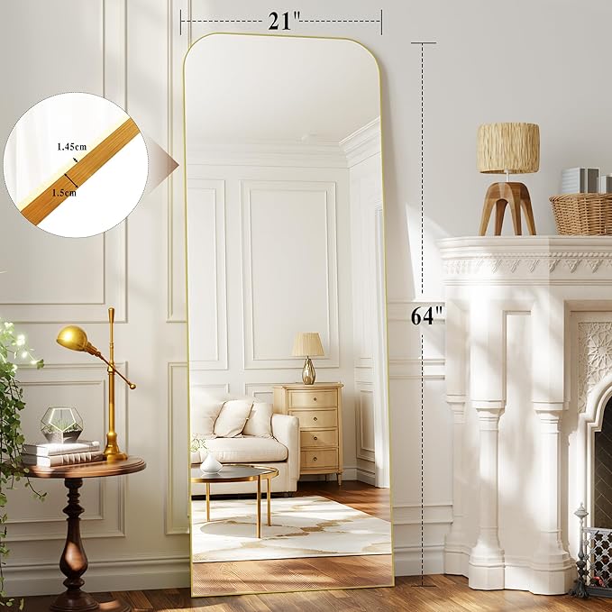 Full Length Mirror 64"x21" Mirror Full Body with Aluminum Alloy Frame Top Square-Edged Floor Mirror with Stand for Bedroom Living Room Gold