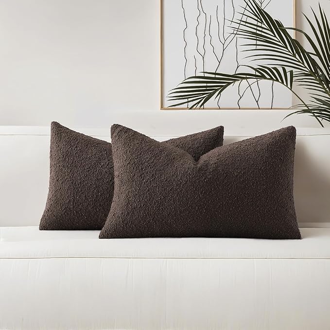 HAUSSY Set of 2 12x20 Decorative Throw Pillow Covers, Soft Cozy Textured Boucle Couch Cases, Home Decor for Couch Bed Living Room, Dark Coffee