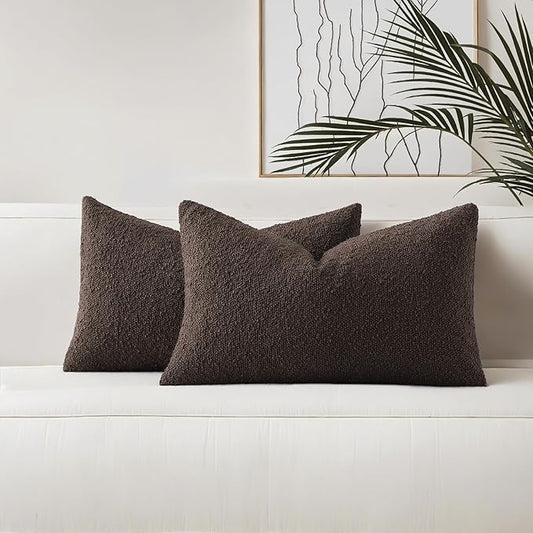 HAUSSY Set of 2 12x20 Decorative Throw Pillow Covers, Soft Cozy Textured Boucle Couch Cases, Home Decor for Couch Bed Living Room, Dark Coffee