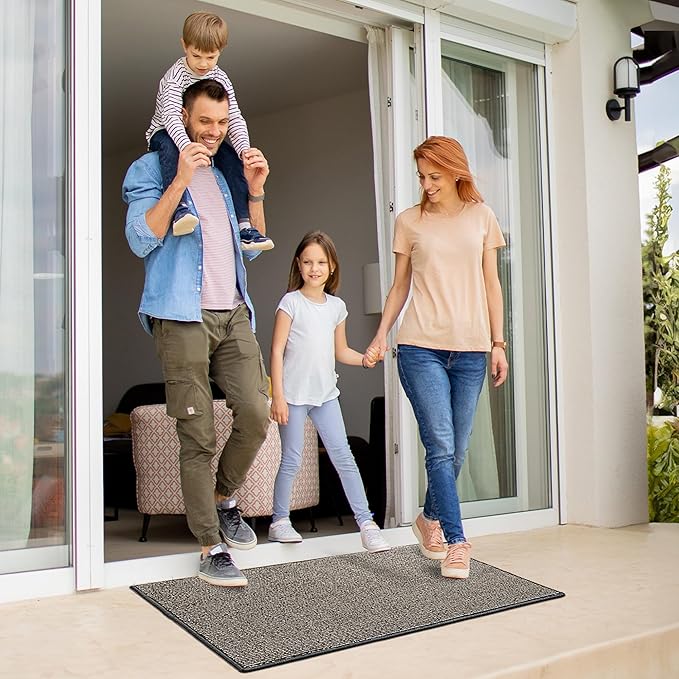 GRANNY SAYS Front Door Mat Indoor Entrance, Indoor Doormat Non Slip Washable, Low Profile Outdoor Welcome Mat, 32" x 20" Resist Dirt Absorbent Mats for Entryway, Floor, Black Beige