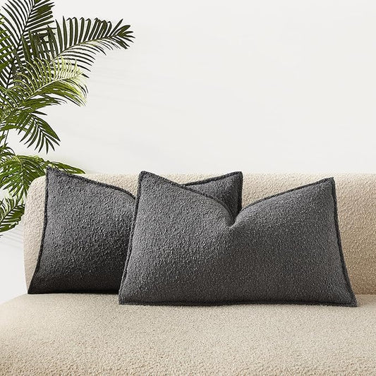 JUSPURBET 14x24 Pillow Covers Set of 2 Decorative Throw Pillow Covers Case for Couch Sofa Bed Soft Boucle Textured Lumbar Cushion Covers with Hidden Zipper for Home Decor Living Room,Dark Grey