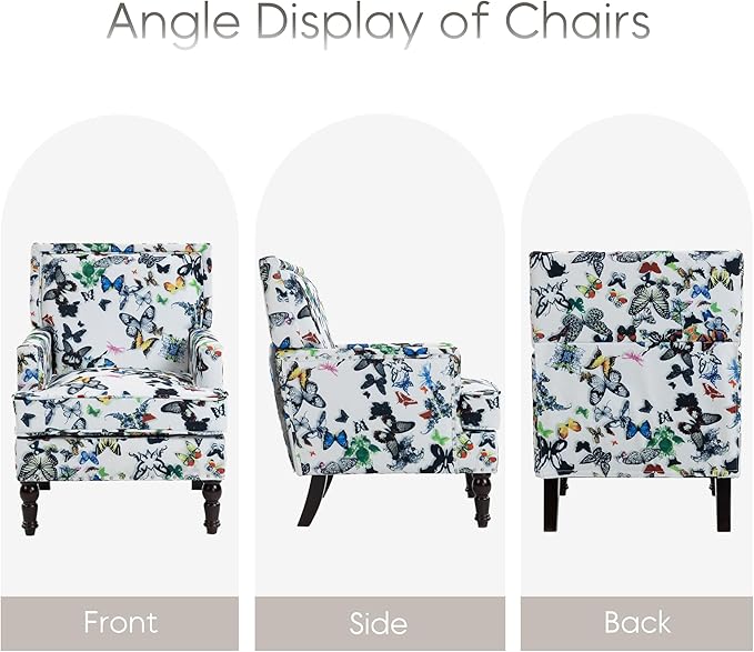 Yogald Vintage Accent Armchair, Mid Century Corner Chair with Nail-Head Trim, Comfy Upholstered Reading Chair, Mediterranean Chair for Living Room Bedroom Guest Room(Butterflies)