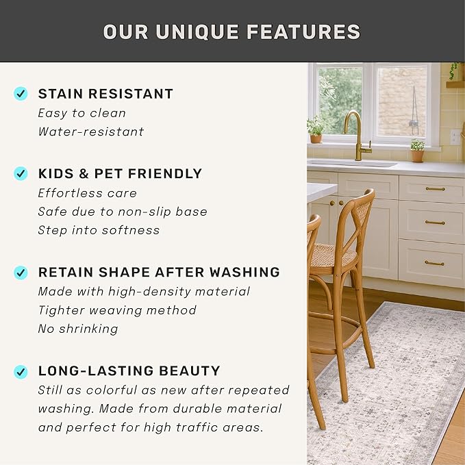 Light Grey 3x6 Large Boho Bathroom Rug - Modern Vintage Eclectic Floral Pastel Neutral Taupe, Washable Low Pile Non-Slip Area Rugs for Entryway, Kitchen, Bedroom Beside Bed