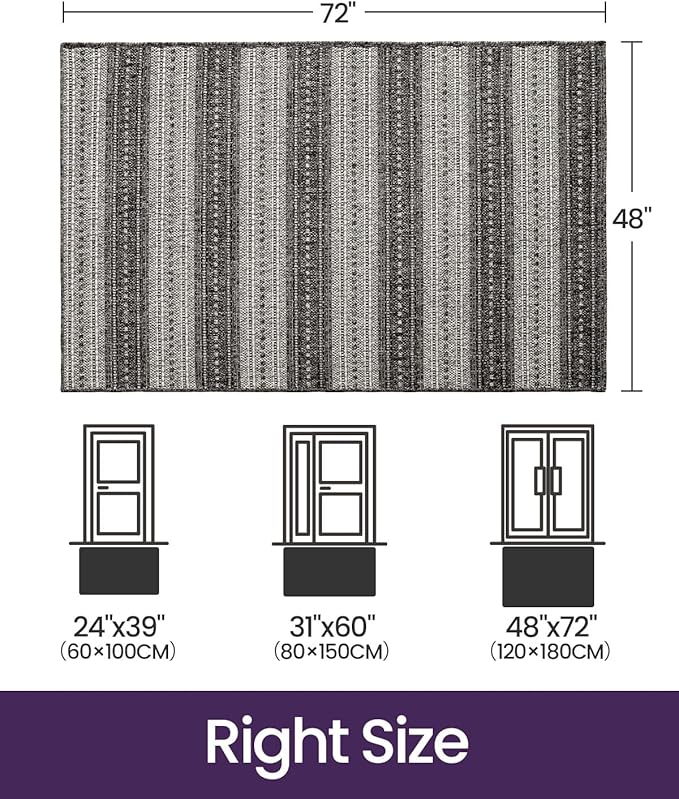 DEXI Dirt Trapper Door Mat, 48x72 Washable Doormat, Dirt Resistant and Absorbent, Easy Clean Low-Profile Floor Rugs for Entryway, Front Door, and Inside Entrance, Striped Grey