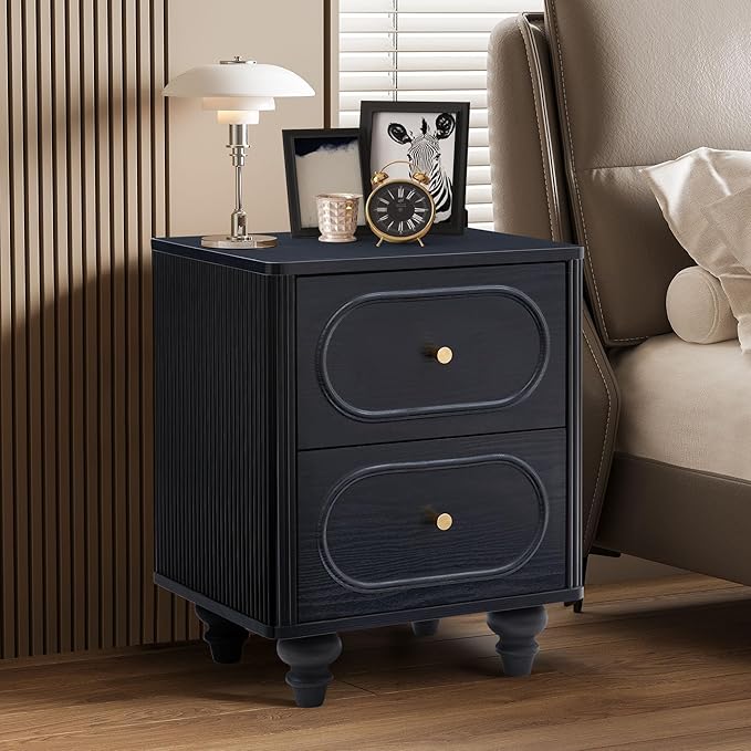 2 Drawer Fluted Nightstand, Mid Century Modern Farmhouse Night Stand Small End Table Bedside Table for Bedroom, Living Room, Black