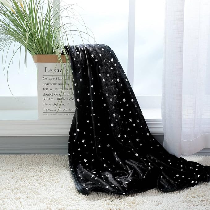NANPIPER Fleece Blankets Star Foil Print Throw,Super Soft Flannel Fuzzy Blanket,50"x 65" Black