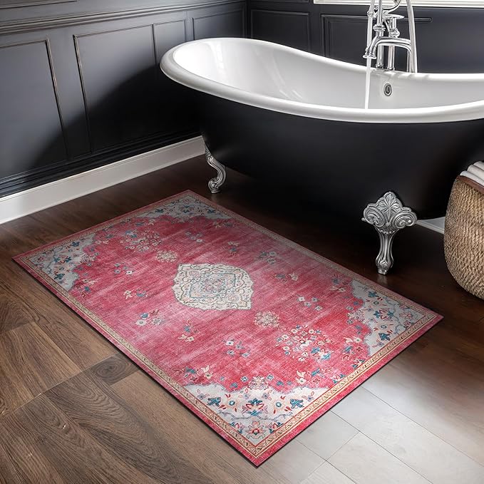 Beverly Rug Non Slip Rugs 2x3 Boho Medallion Floral Non Skid Rubber Backing Easy Silk Soft Entry Rug for Living Room Easy to Clean Non Shedding Kitchen Bedroom Indoor Carpet (2 x 3 Fuchsia - Cream)