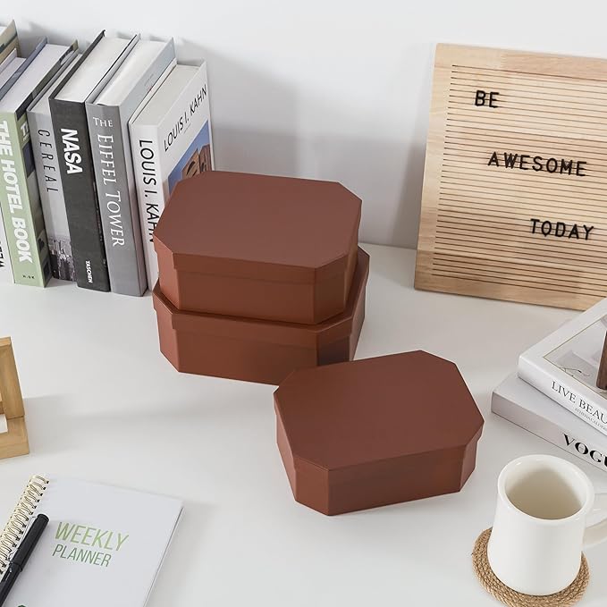 Soul & Lane Octagon Vegan Leather Decorative Boxes in Light Brown, Set of 3 Unique Durable Nesting Cardboard Storage Memory Boxes for Organizing, Keepsakes, Gifts