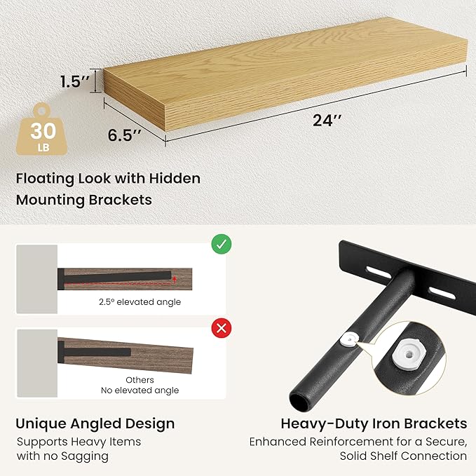 Fun Memories Rustic Wood Floating Shelves for Wall, Space-Saving Wall Mounted Shelves for Bathroom, Bedroom, Living Room and Kitchen, Stylish Storage & Display (Set of 2, Oak, 24 in)