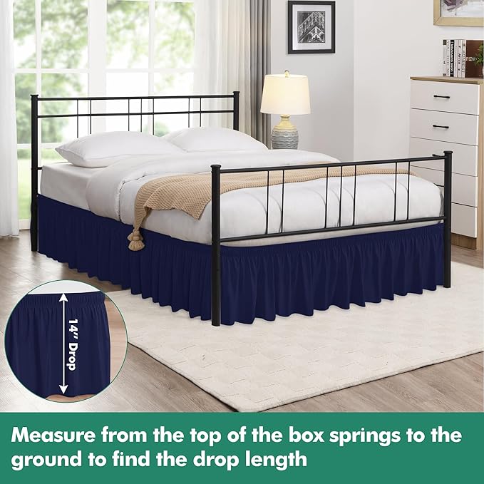 Biscaynebay Wrap Around Bed Skirts with Split Corners for King Beds 14" Drop, Navy Elastic Dust Ruffles Adjustable Easy Fit Wrinkle & Fade Resistant Silky Luxurious Fabric Machine Washable