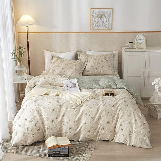LifeTB Boho Floral Duvet Cover Full Cotton Aesthetic Floral Bedding Sets Full Vintage Garden Floral Comforter Cover Beige Sage Green Floral Botanical Duvet Cover with Zipper Closure 4 Ties