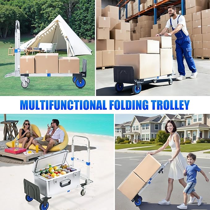 3 in 1 Aluminum Folding Hand Truck Dolly Cart with Wheels 600 Lbs Capacity Collapsible Heavy Duty Convertible Trolley with Retractable Handle for Moving Home Warehouse Office Camping (Blue)