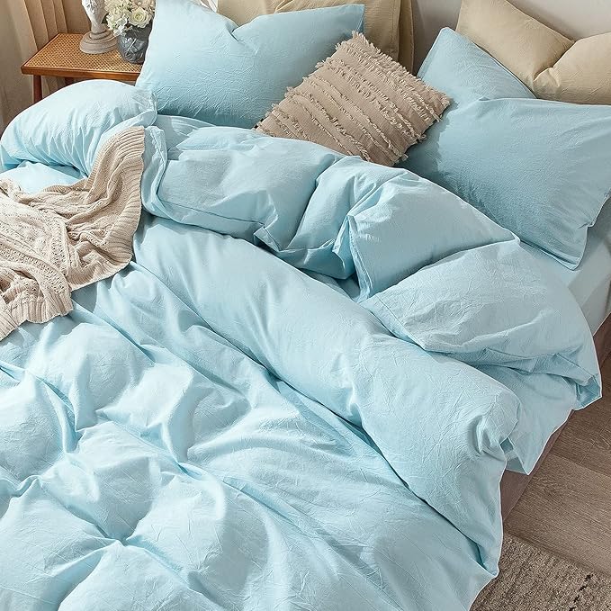 MooMee Bedding Duvet Cover Set 100% Washed Cotton Linen Like Textured Breathable Durable Soft Comfy (Heathered Light Blue, Queen 90"x90")