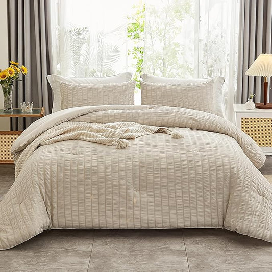 AveLom Beige Seersucker Twin Comforter Set (68x90 inches), 2 Pieces-100% Soft Washed Microfiber Lightweight Comforter with 2 Pillowcases, All Season Down Alternative Comforter Set for Bedding