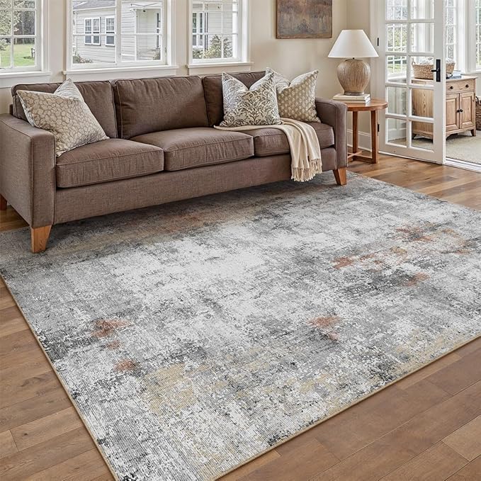 WondRg 5x7 Washable Area Rug Grey Rust Abstract Living Room Bedroom Carpet Neutral Modern Non-Slip Soft Low Pile Lightweight Vacuumable Throw Rug for Dining Room Entryway