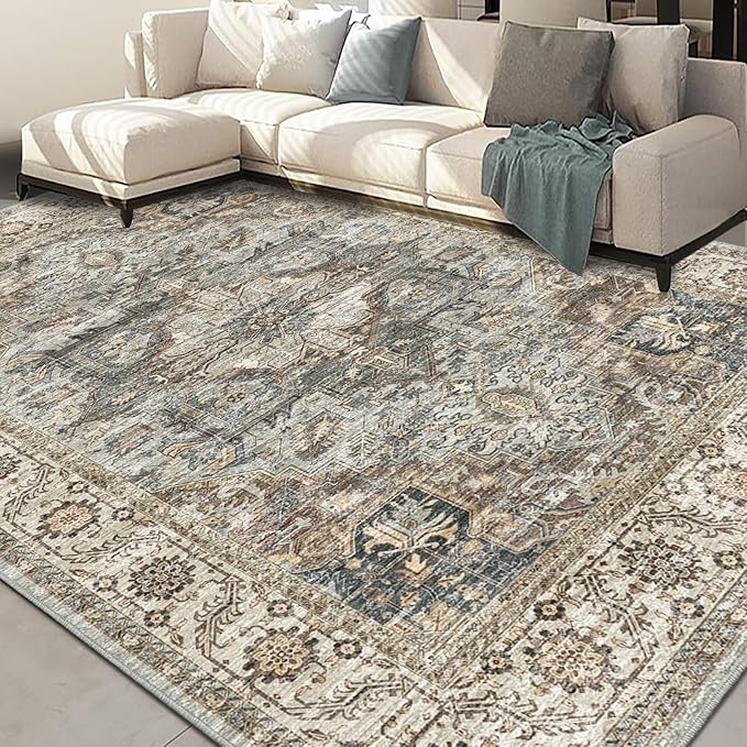 Fortsea Machine Washable Rug 8x10 - Vintage Inspired Distressed Design Large Area Rugs,Soft Durable, Stain Resistant, Non-Shedding, Easy Clean Area Rugs (Olive/Taupe, 8X10)
