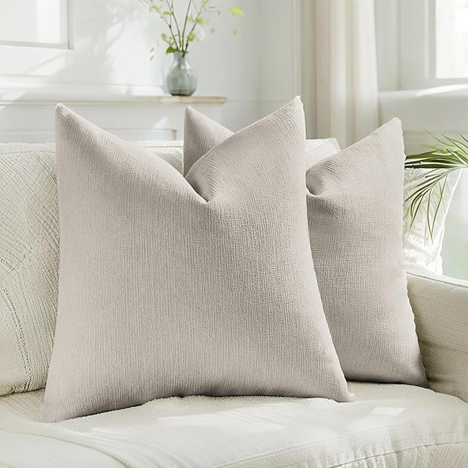 HAUSSY Oatmeal Throw Pillow Covers 18x18 Inch Set of 2,Boho Decorative Faux Linen Throw Pillows Cozy Farmhouse Accent Cushion Covers,Home Decor for Couch Sofa Bed Living Room