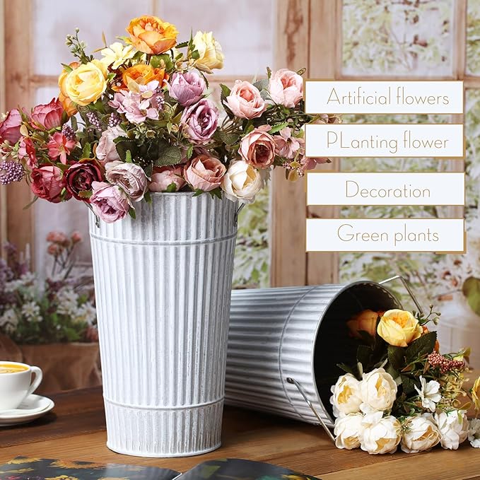 Layhit 6 Pcs 12 Inch Galvanized Flower Buckets Metal Flower Vases with Handle Farmhouse French Bucket Planter Floral Container for Flowers Wedding Bridal Shower Home Table Decor(Retro White)