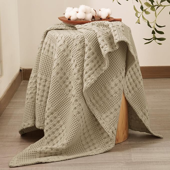 PHF 100% Cotton Waffle Weave Throw Blanket, Soft Lightweight Breathable Cozy Throws for Couch Bed Sofa, 300 GSM Luxury Aesthetic Blanket Gift for Home Decor & Office, 50"x60", Khaki