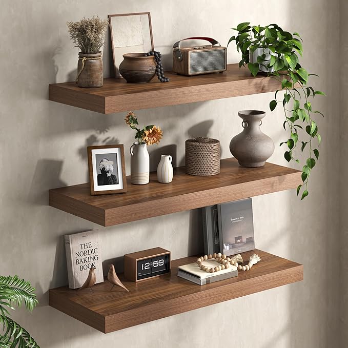 36Inch Walnut Floating Shelves for Wall, 12 Inch Deep Shelves for Bedroom, Kitchen, Bathroom Wall Mounted, Rustic Wood Floating Shelf with Invisible Brackets for Books, Storage, Decor, 2 Packs