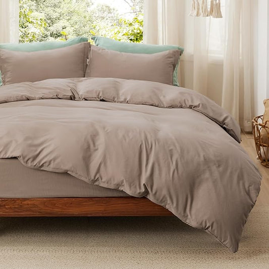 Bedsure California King Size Duvet Cover with Fitted Sheet - 4 Pieces Prewashed Cotton-Like Extra Soft Bedding Set, Includes 1 Duvet Cover 104x98 Inches, 2 Pillow Shams, 1 Fitted Sheet, Khaki