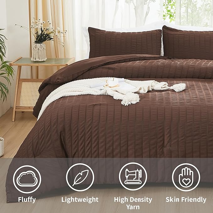 AveLom Brown Seersucker King Comforter Set (104x90 inches), 3 Pieces-100% Soft Washed Microfiber Lightweight Comforter with 2 Pillowcases, All Season Down Alternative Comforter Set for Bedding