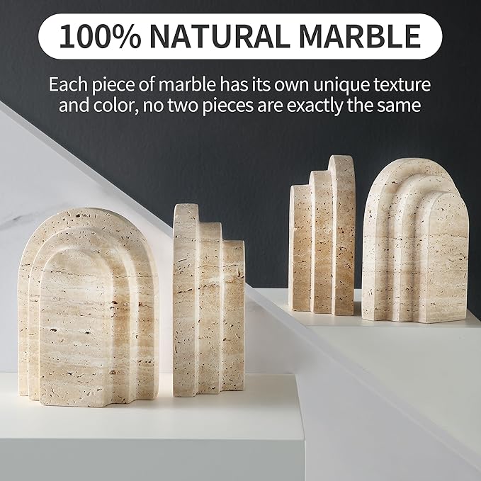 BUICCE Modern Book Ends for Shelves Nature Marble Decorative Bookends Heavy Duty Bookshelf Holder for Office Desk Decoration (Beige)