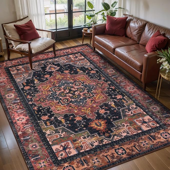Tangsoo 4x6 Area Rug, Vintage Washable Non Slip Indoor Rugs, Oriental Machine Washable Rug Carpet, Soft Low Pile Foldable Floor Rugs for Dining Room Bedroom Living Room Home Decor