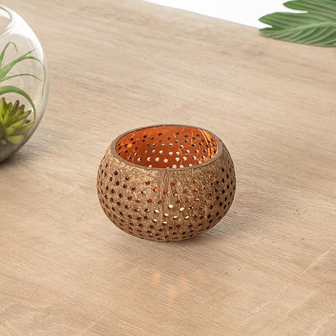 Restaurantware-Coco Casa 4 x 3.3 Inch Coconut Shell Candle Holders, 10 Reusable Tealight Holders - Candle Not Included, Dotted Pattern, Brown Coconut Bowls For Candles, Handcrafted,