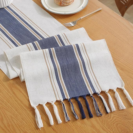 Niviy Blue Table Runner 108 Inches Long with Tassels, Seasonal Summer Washable Embroidered Striped Braided Blue and White Boho Table Runners for Holiday Party 12 x 108 Inches