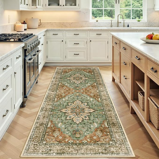 RELEANY Area Rugs 3'x7' Washable Non-Slip, Floral Vintage Distress Print Pattern Medallion Carpet for Living Room Bedroom Dining Room, Brick Red Rust Neutral Brown Burnt Orange Green
