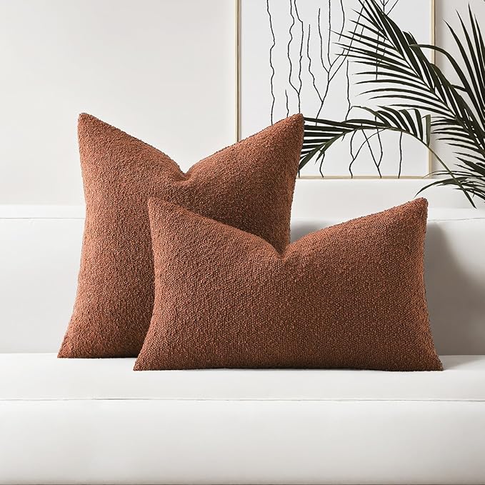 HAUSSY Set of 2 16x16 Decorative Throw Pillow Covers, Soft Cozy Textured Boucle Couch Cases, Home Decor for Couch Bed Living Room, Rust
