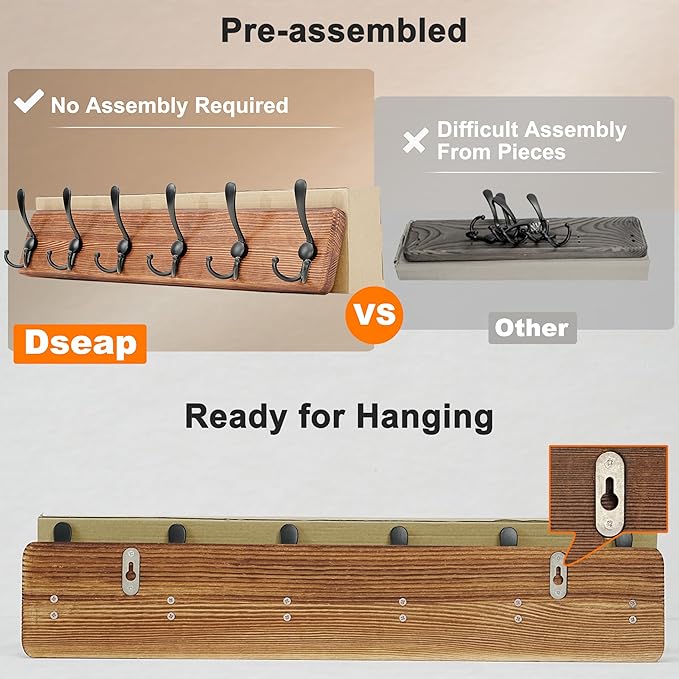 Dseap Coat Rack Wall Mounted - 24" Long 6 Tri Hooks, Heavy Duty Wooden Wall Coat Hanger Coat Hook for Clothes Hat Jacket Clothing, Weathered Light Natural and Black, Pack of 2