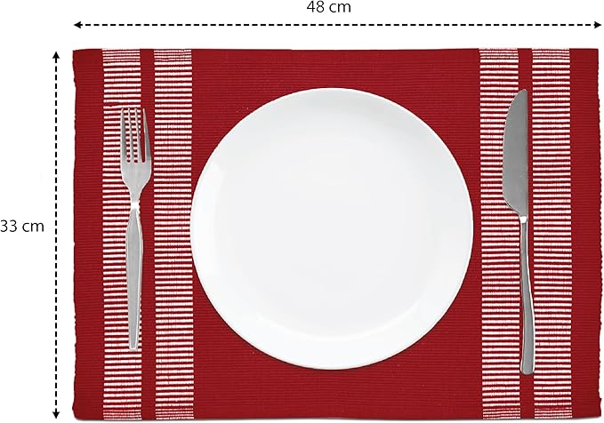 Encasa XO Table Runner and Placemats Set 6 | Fine Ribbed Cotton | Ladder Red | 1 Table Runner Size 13"x72" & Each Table Mat Size 19x13 Inch