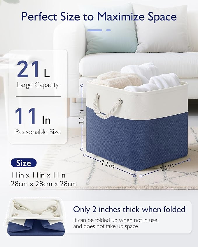 11 Inch Storage Cubes 4-Pack, Foldable Fabric Organizer Bins with Rope Handles, Cube Storage Baskets for Closet Shelves and Home Organization(White/Blue)