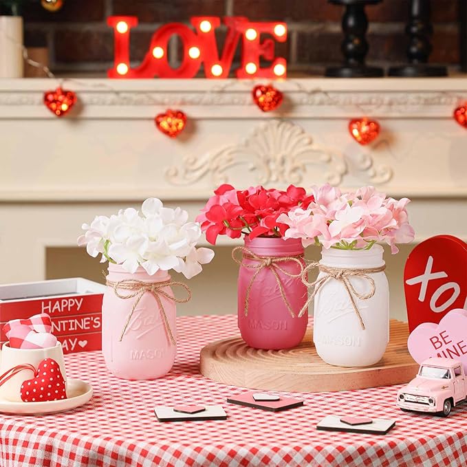 Valentines Mason Jar Centerpiece for Table with Wood Tray, Pink Painted Decorative Mason Jars for Valentines Decorations Table Kitchen Decor, Mothers Day Mason Jar, Mom Gift for Women