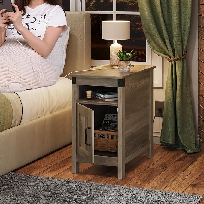 WLIVE End Table with Charging Station, Narrow Side Table for Living Room, Farmhouse Night Stand with Storage, Small Wooden Nightstand with USB Ports and Outlets for Living Room and Bedroom, Greige