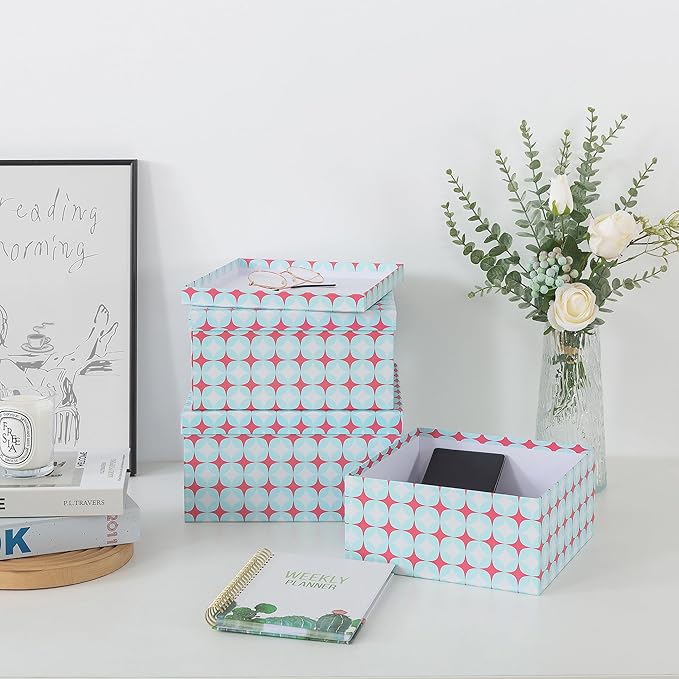 Soul & Lane Set of 3 Decorative Boxes with Lids, Square 11" x 11" Nesting Cardboard Storage for Home Décor in Green and Coral, Keepsake and Memory Boxes for Organizing, Retro Mint