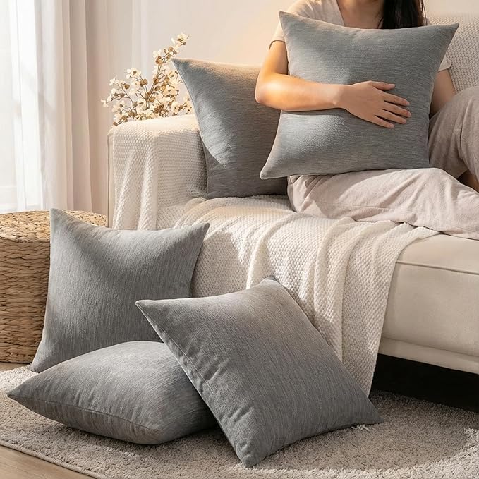 Set of 4 Grey Throw Pillow Covers 20x20 Inch, Neutral Boho Farmhouse Aesthetic Decorative Pillow Cases for Couch, Sofa, Living Room & Bed, Soft Chenille Pillow Cases, Stylish Home Decor, 50x50 cm