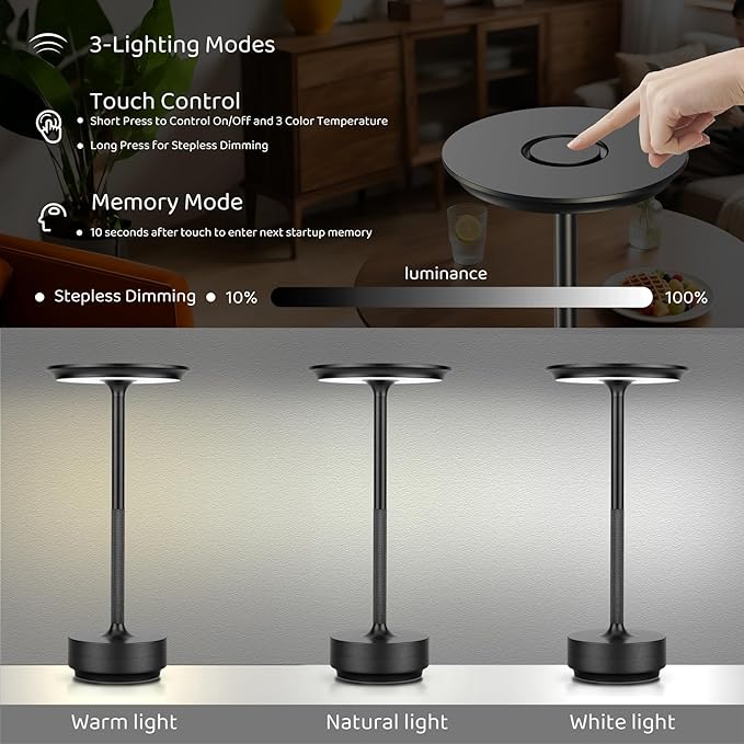 Cordless Table Lamp Rechargeable - 5000mAh Battery Operated LED Table Light with Touch Stepless Dimming - Portable Matte Black Metal Outdoor Lamp for Patio, Restaurant, Nightstand