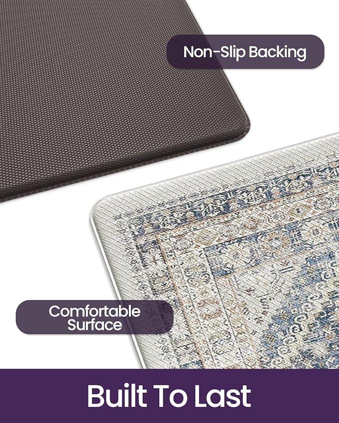 DEXI Kitchen Floor Mats Anti Fatigue, 23x86 Large Long Cushioned Vintage Runner Rug Waterproof, Standing Comfort Memory Foam Padded for Front Sink Laundry Office, White