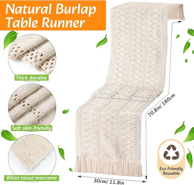 6 Sets Boho Place Mats Set Round Woven Placemats, Cloth Napkins, Wood Bead Napkin Rings, White Table Runner with Tassel and Farmhouse Rustic Placemats Cotton Burlap for Kitchen Table Decor