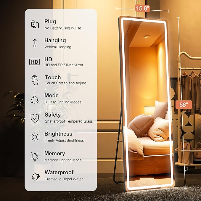 Full Length Mirror with Lights, 56" x 15.8" LED Lighted Floor Standing Body Mirror, Dimmable & 3 Color Lighting for Bedroom, Cloakroom, Dressing Room, Tempered Glass, Black